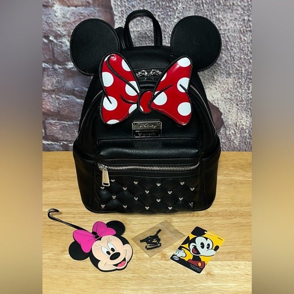 Loungefly Disney Minnie Mouse Bow Black Mini Backpack + Luggage Tags Excellent