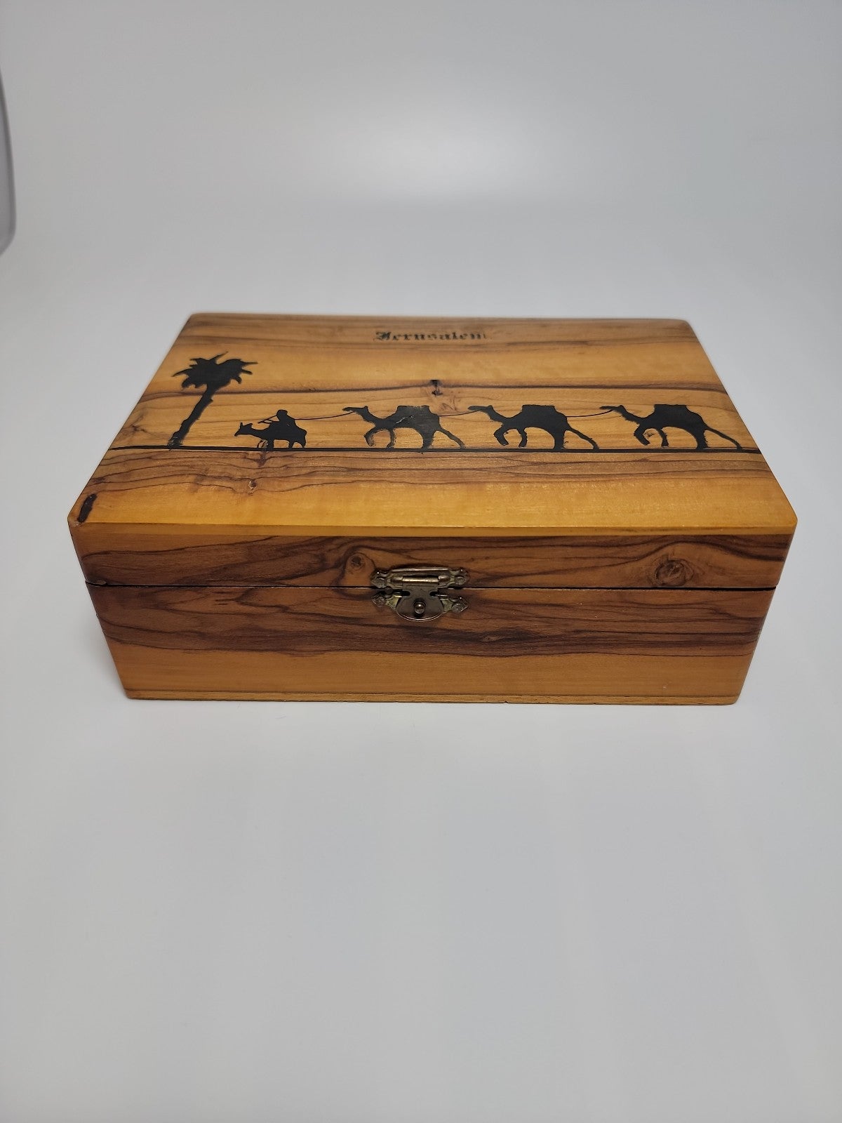 Antique Olive Wood Jewelry Box Souvenir from Jerusalem