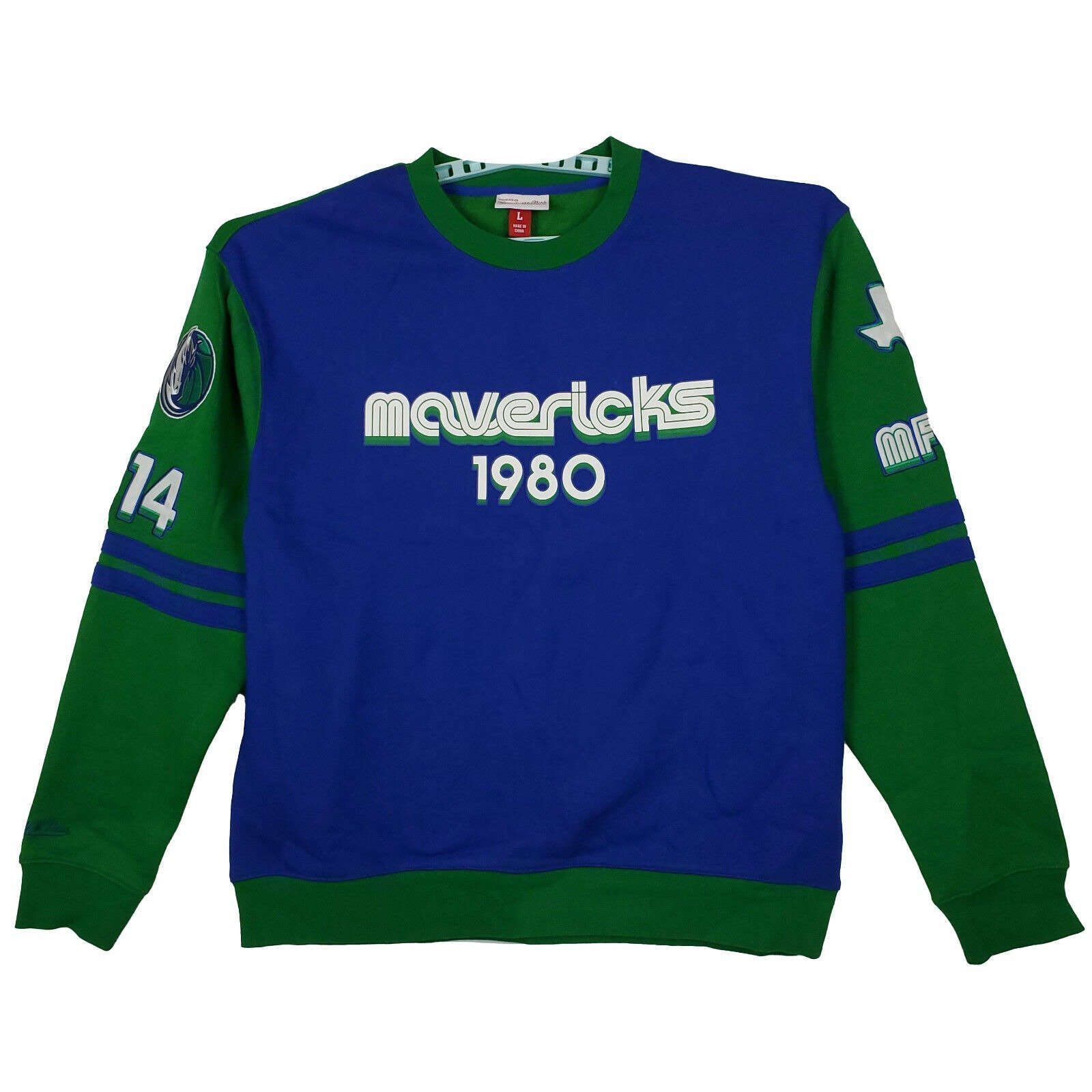 Dallas Mavs Mitchell & Ness NBA Large Sweatshirt 1980 Art Sleeve Logos Blue New