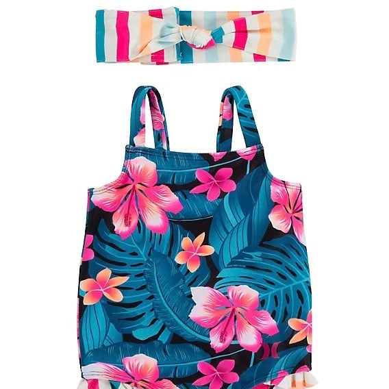 Hurley Baby Girls One Piece Swimsuit w/ headband, Floral Size 24 Months NWT
