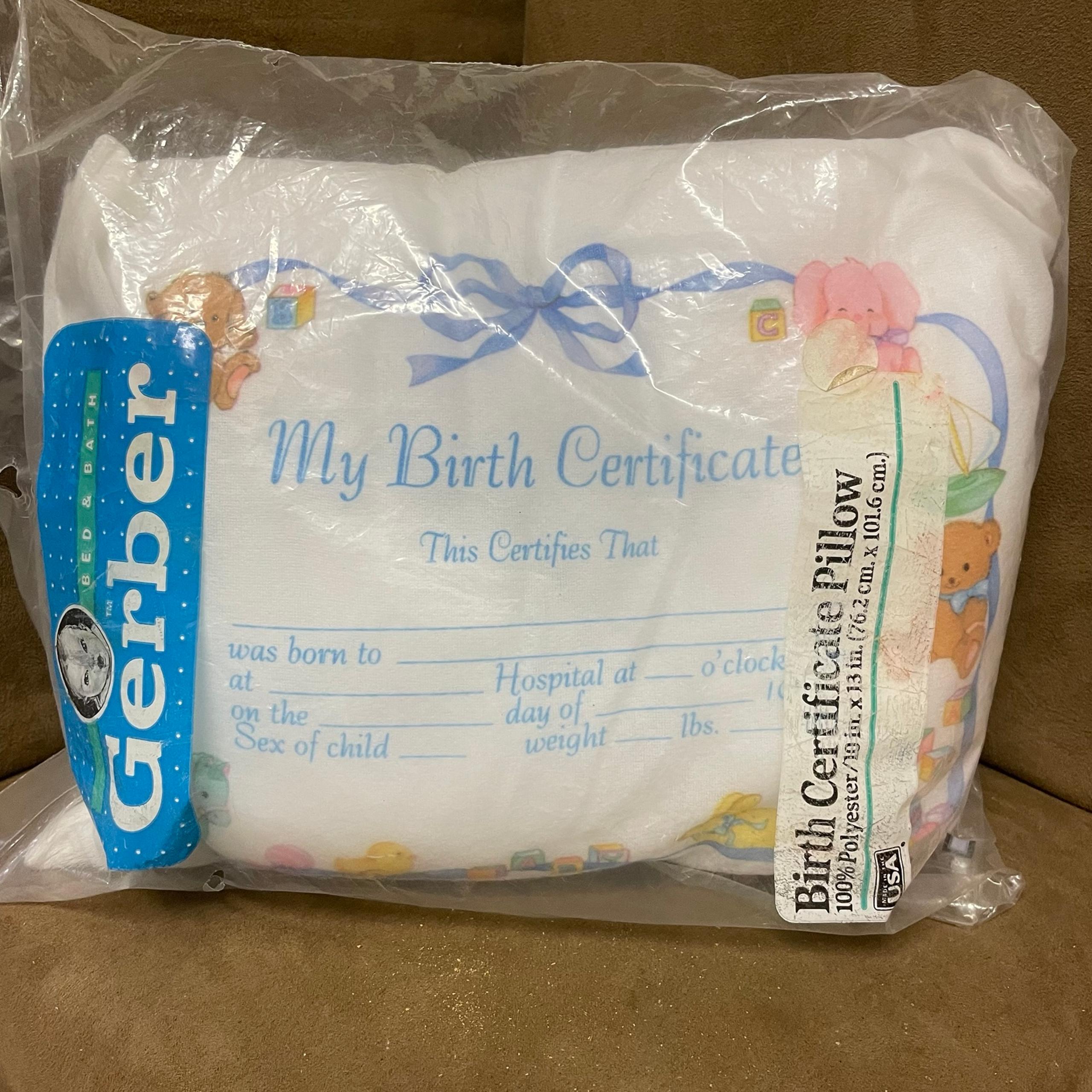 New Vintage New Gerber Birth Certificate pillow 10x13”
package never opened