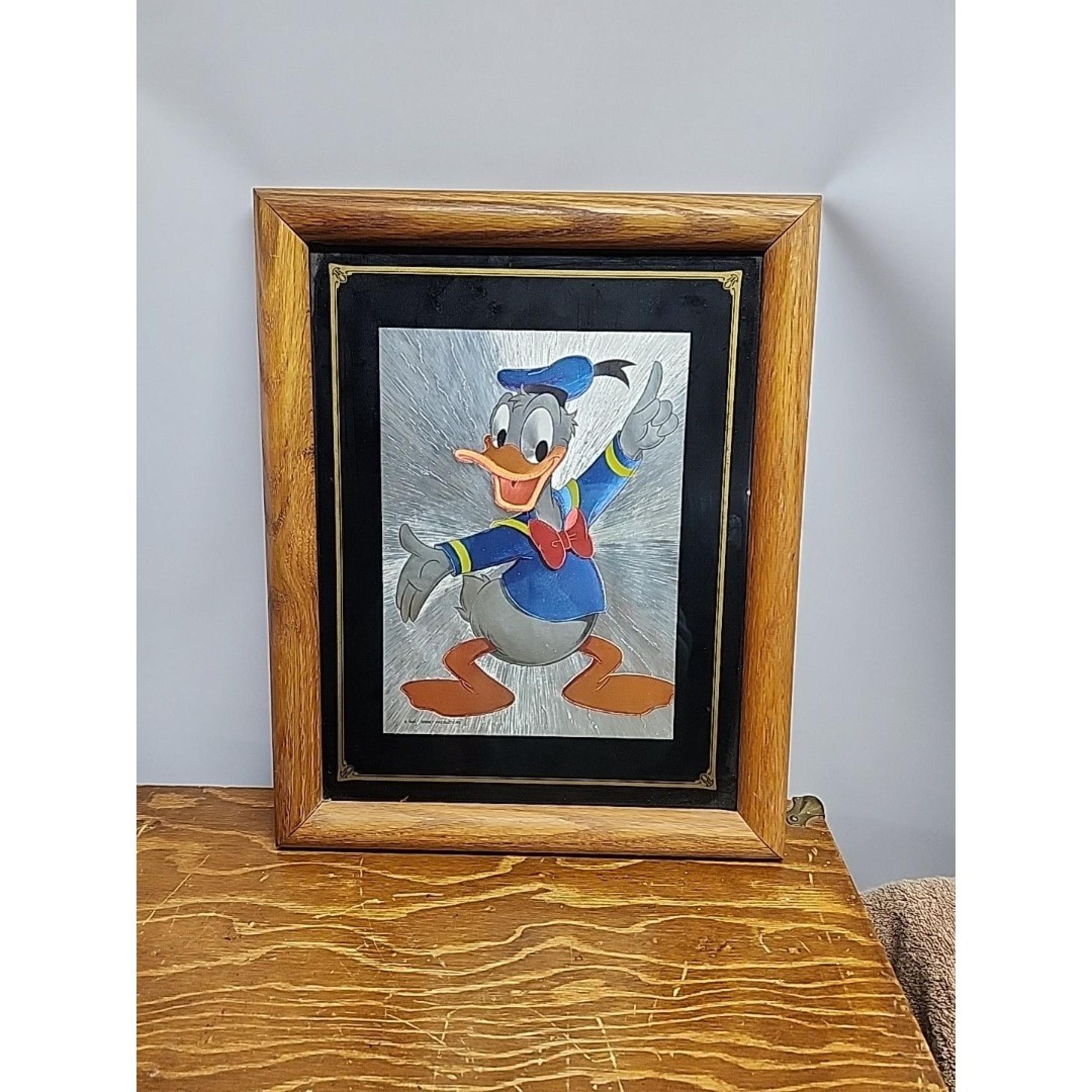 Rare Authentic Vtg Disney Donald Duck Foil Art Picture 12.5 x16 Glass Framed