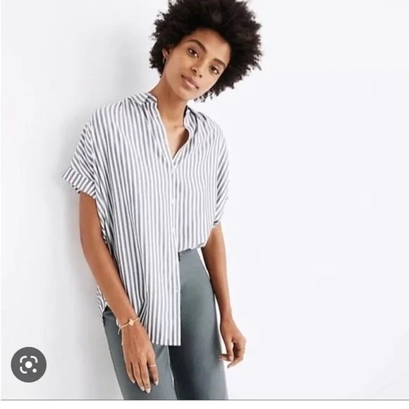 MADEWELL Shirt Dress Viscose Striped Button Up Ruffle Cap Sleeve L