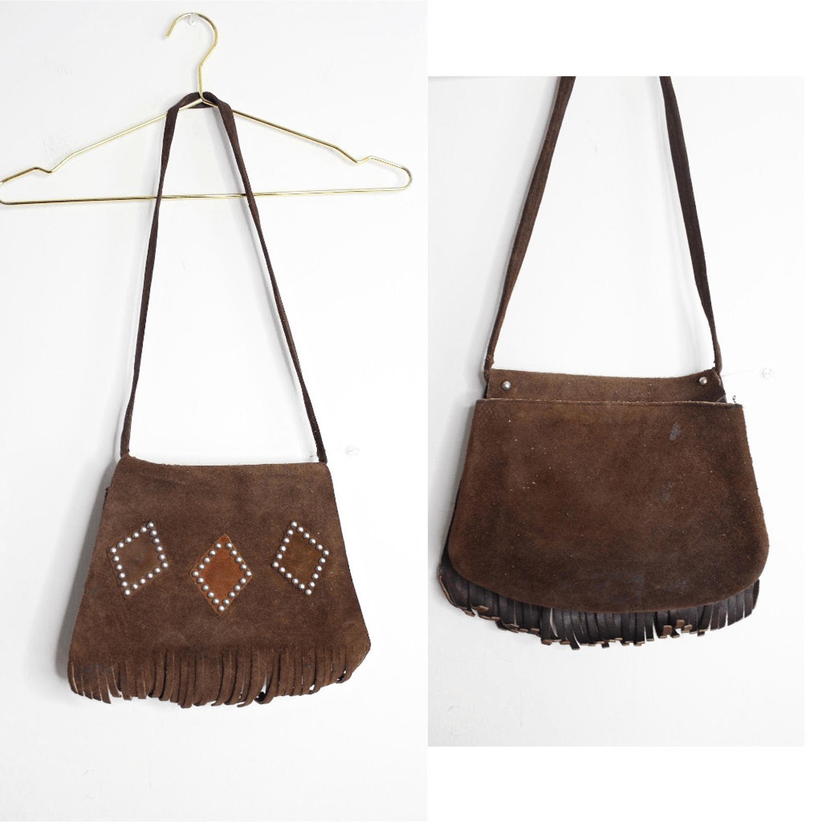 VTG Brown Suede Fringe Boho Studded Purse