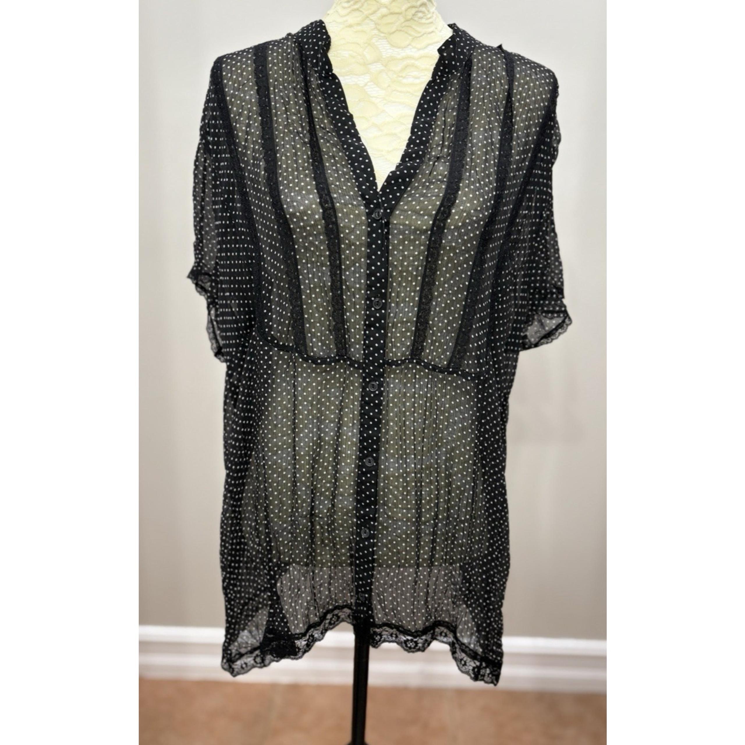 Dress Barn 3X Short Sleeve Polka Dot Top Black White Sheer Lace V Neck Button Up