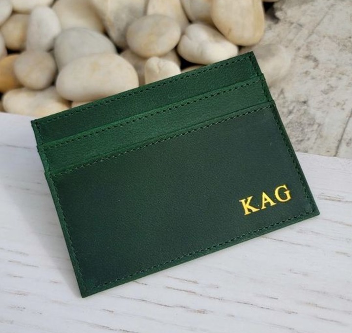 Initials Credit Card Holder, Green, Genuine Leather Matte Finish