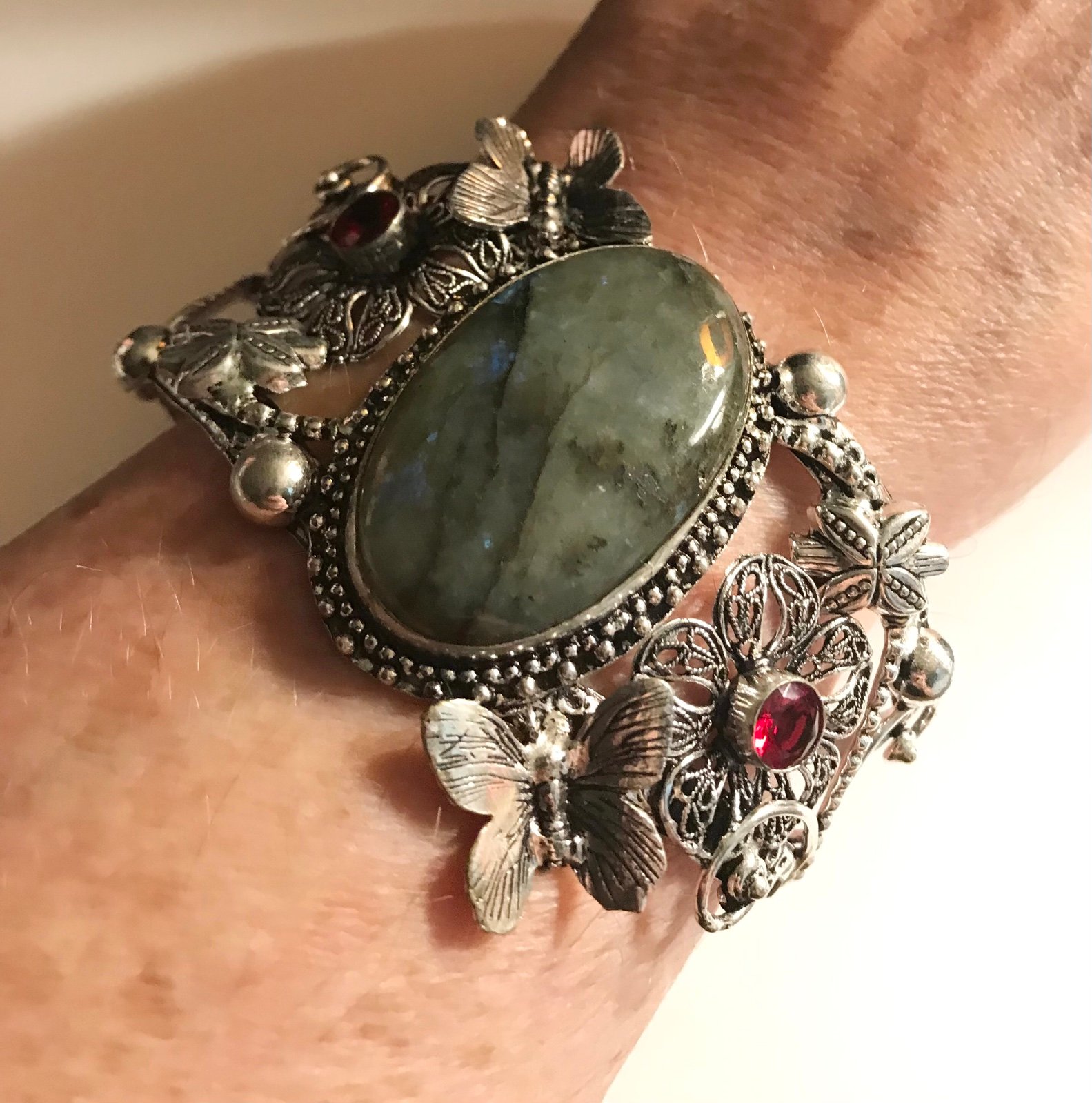 Labradorite Garnet 925 Sterling Silver Cuff Bracelet
