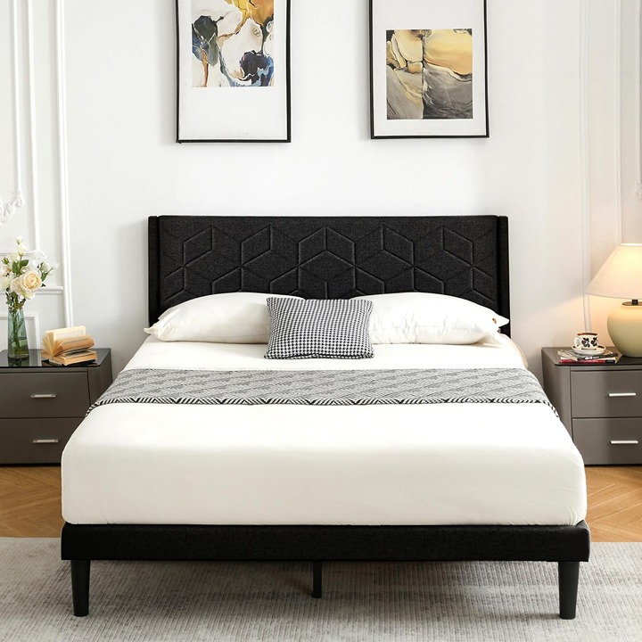 Queen Size Platform Bed Frame with Fabric Upholstered Headboard and Strong Woode