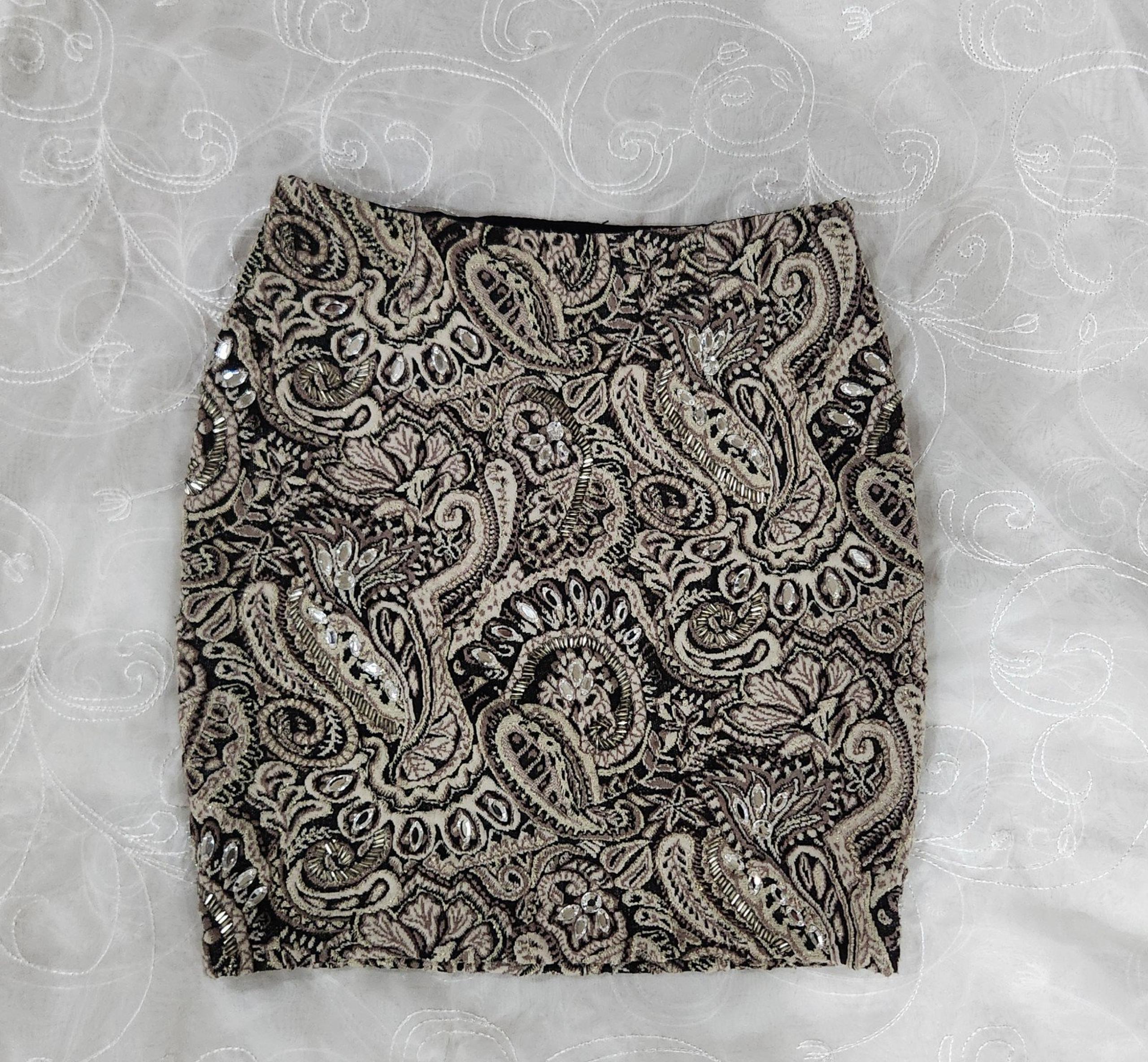 Vintage GUESS Tan & Blk Paisley Tapestry Style Rhinestone Accented Mini Skirt 0