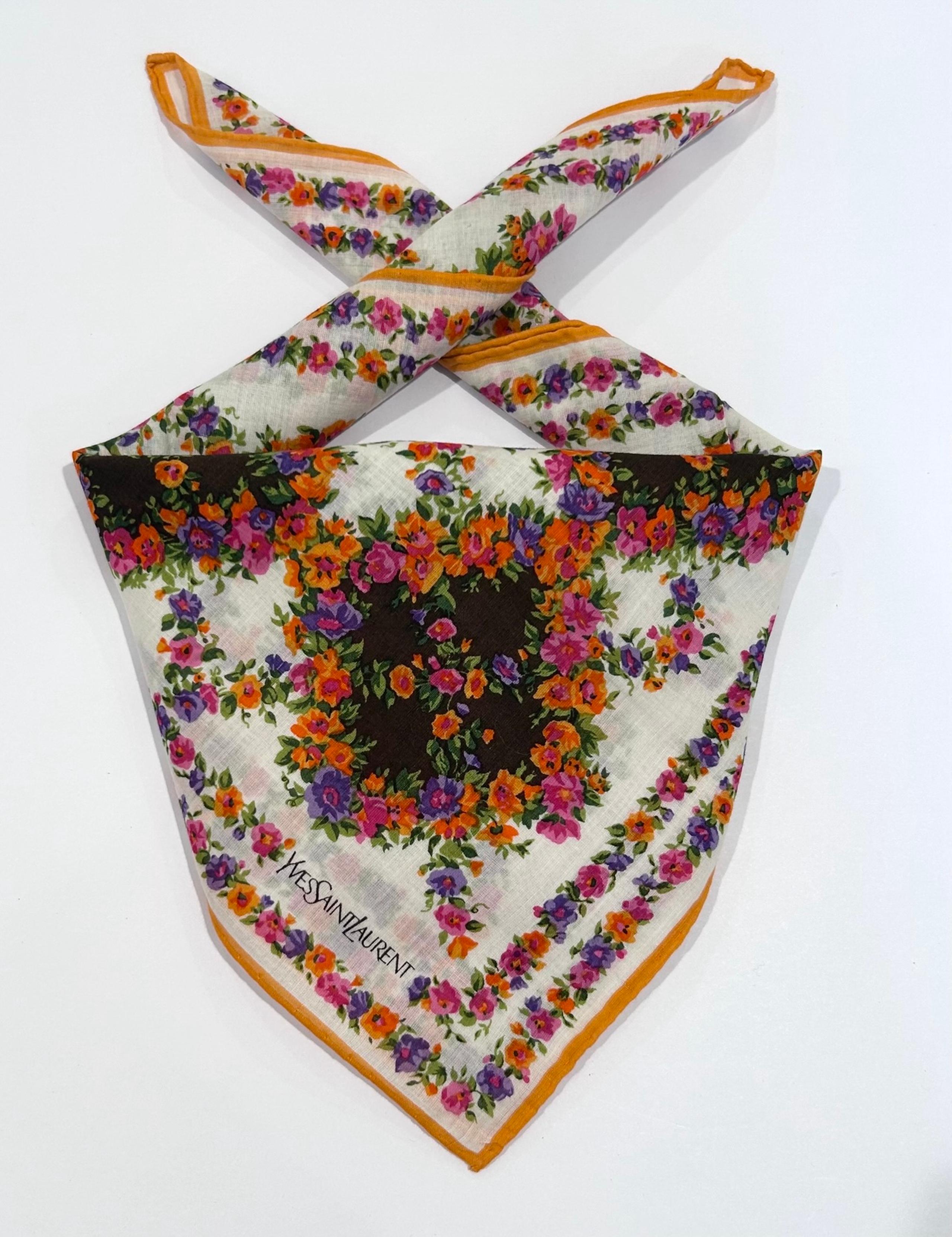 WOMEN HANDKERCHIEF YSL ART FLORAL Orange White  BANDANA COTTON POCKET SQUARE 18”