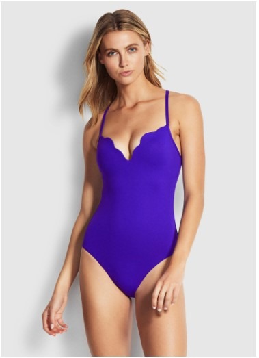 Seafolly NWT Petal Edge Sweetheart One Piece Swimsuit US 10 Indigo Blue Scallop