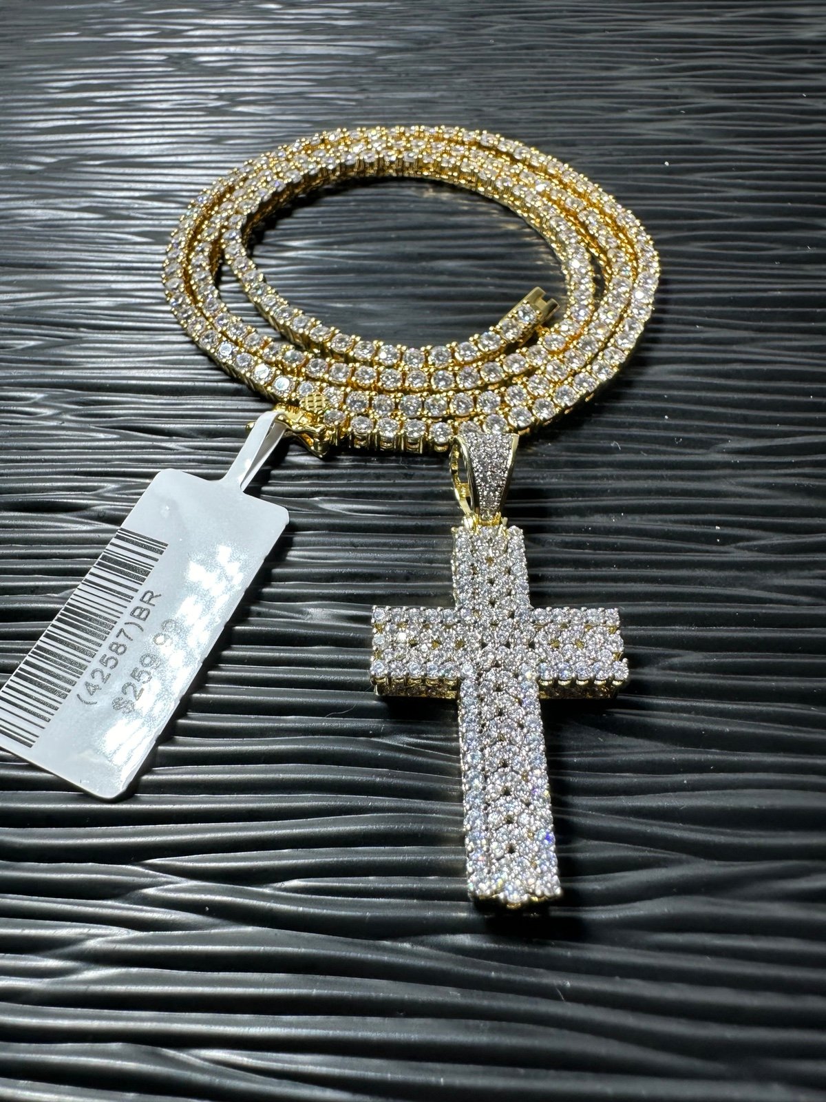 14K Gold plated Iced out tennis chain 20” and cross pendant
