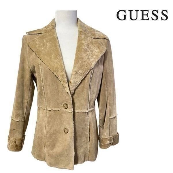 GUESS Small Genuine Leather Suede Jacket Fur Collar Single Breast 2