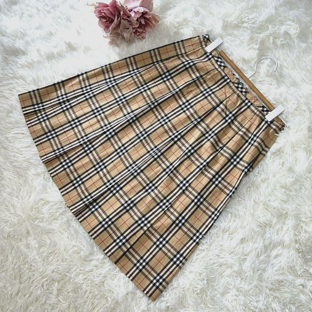 Burberry Blue Label Pleated Skirt, Nova Check, Cotton, Beige, Size 38