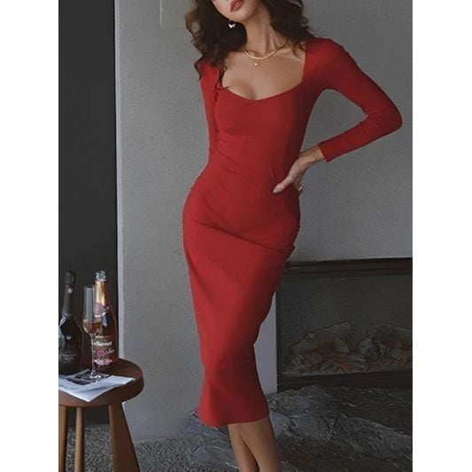 Commense Red Bodycon Midi Dress Long Sleeve Sweetheart Neckline Cocktail Party M