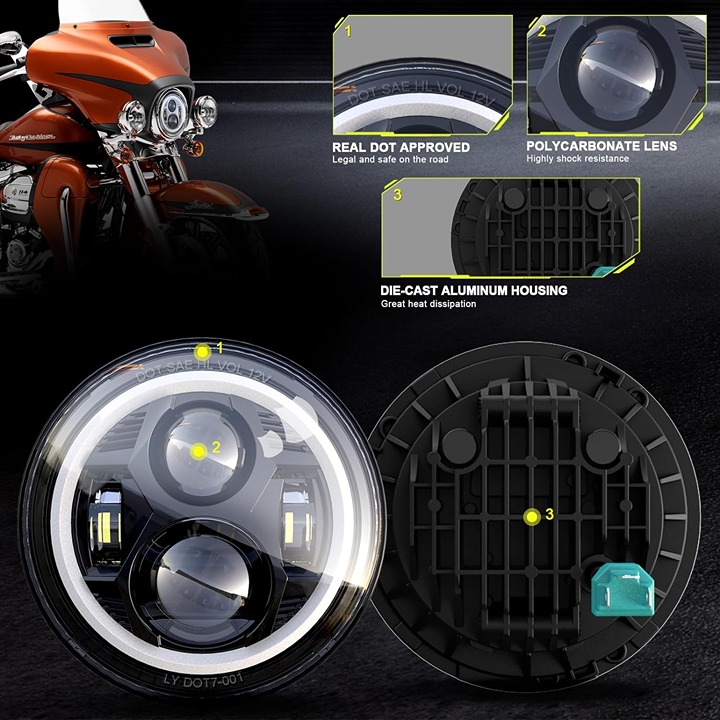 7 Inch Halo LED Headlight DOT Approved High/Low Beam Compatible w/Glide Series