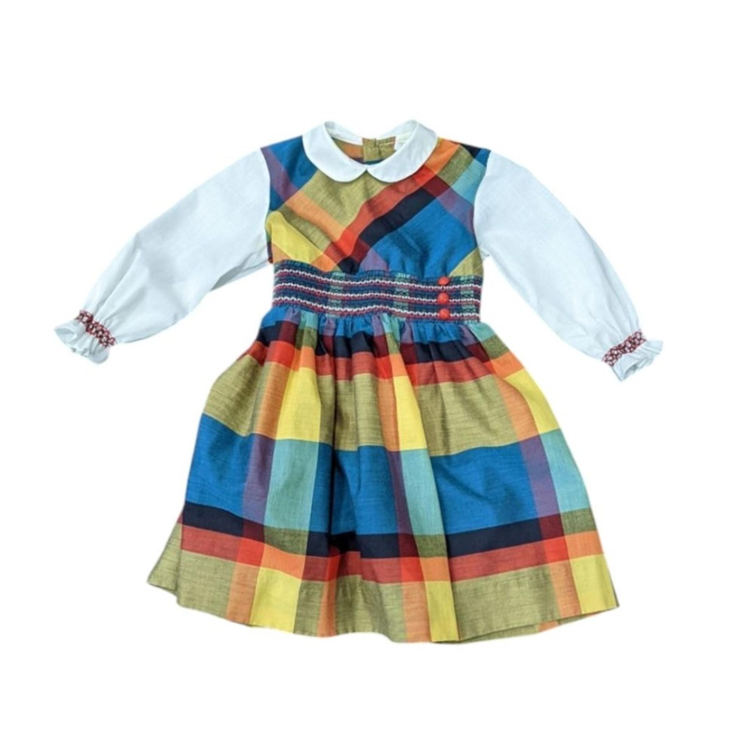 Vintage Sears Honey Suckle Fashions Colorful Plaid Smocked Peterson Dress Size 6