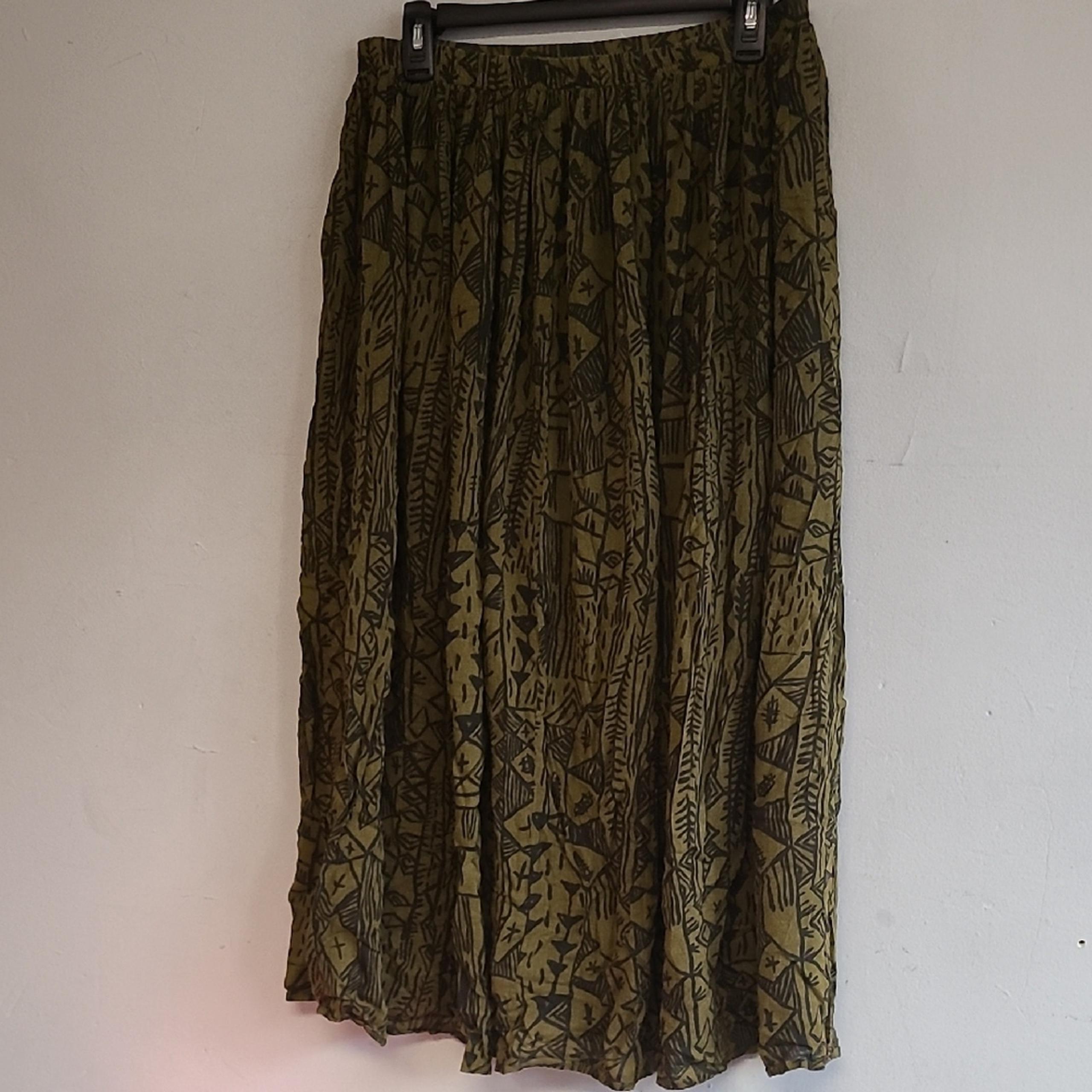 Womens medium Eddie Bauer olive green black tribal print cotton flowy long skirt