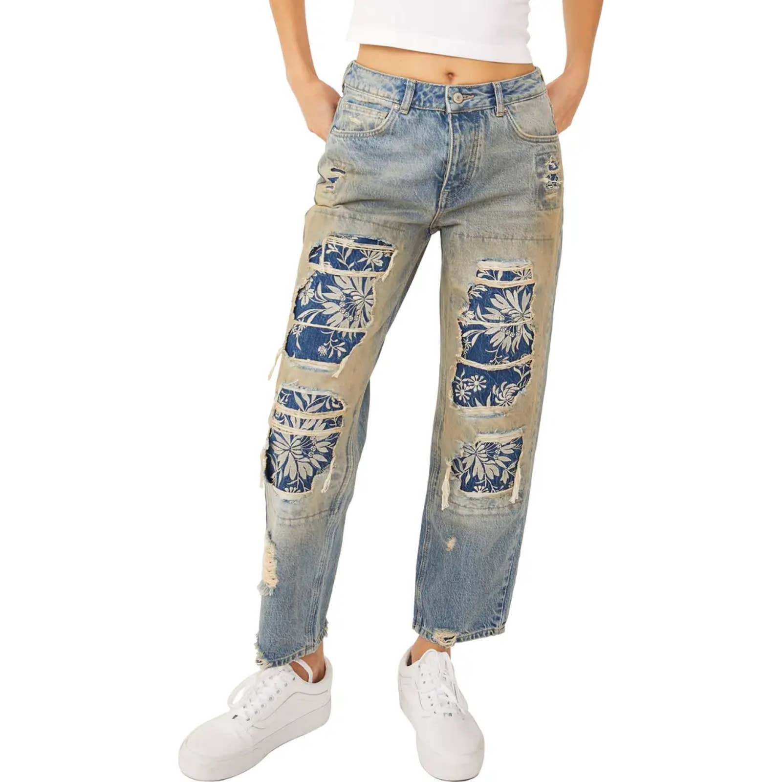 Free People Desert Rose Floral Distressed Straight Leg Jeans Size 30