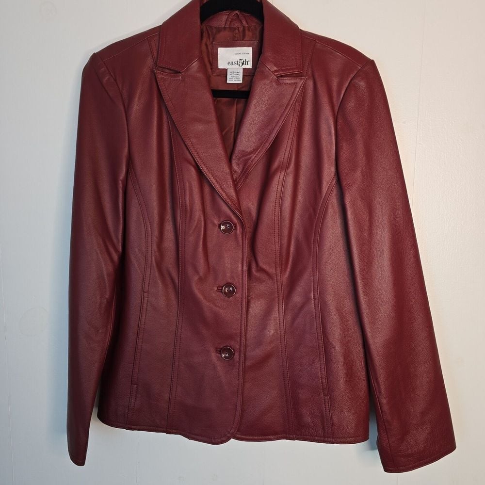 Womens Medium East5th Red Genuine Leather button-up collared Blazer Jacket Coat