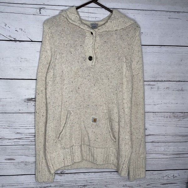 Vintage Carhartt Men's Size S Beige Lambswool Blend Knit Hooded Henley Sweater