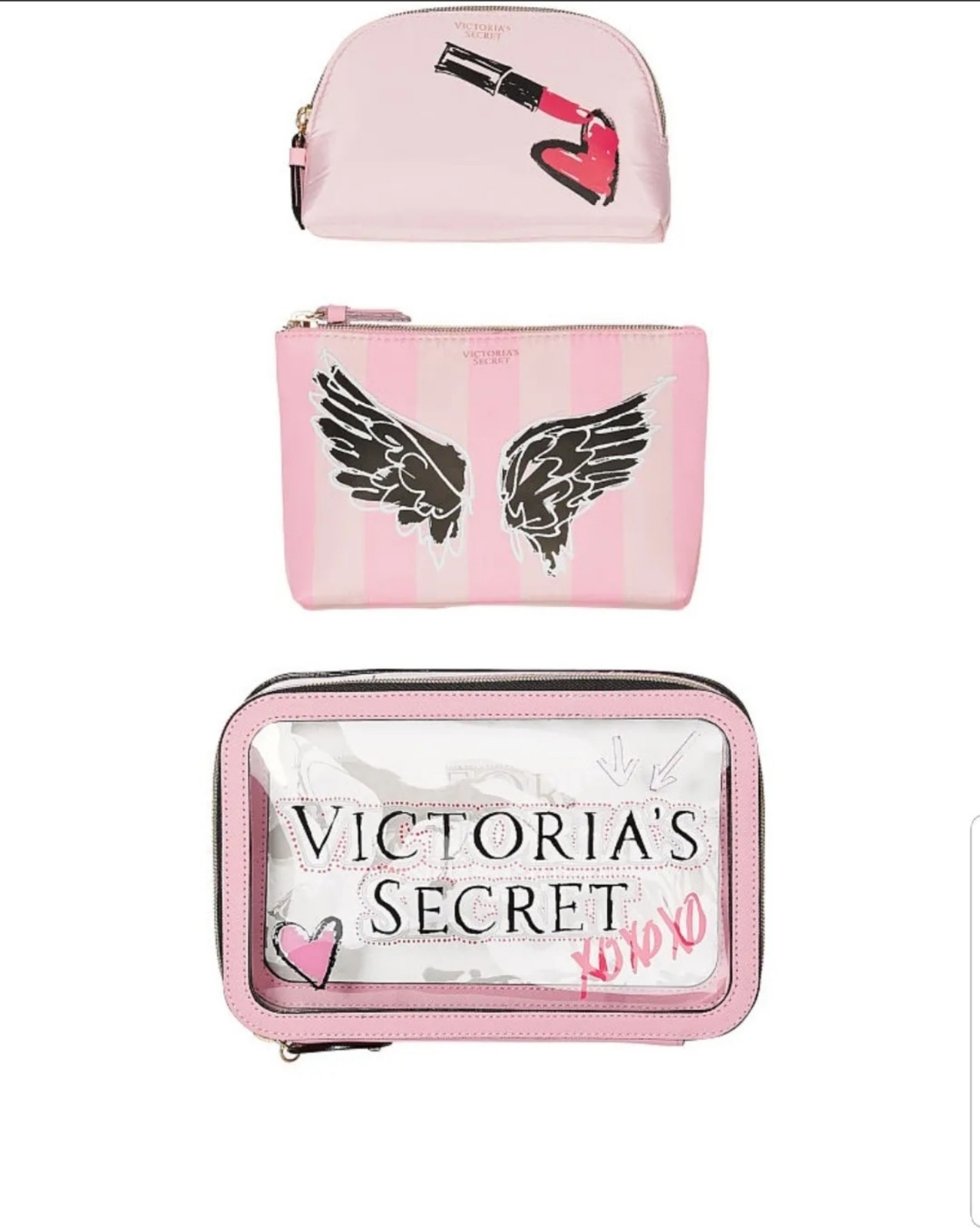VICTORIA SECRET NESTED TRIO PINK & CLEAR MAKEUP/COSMETIC BAG/POUCH SET
