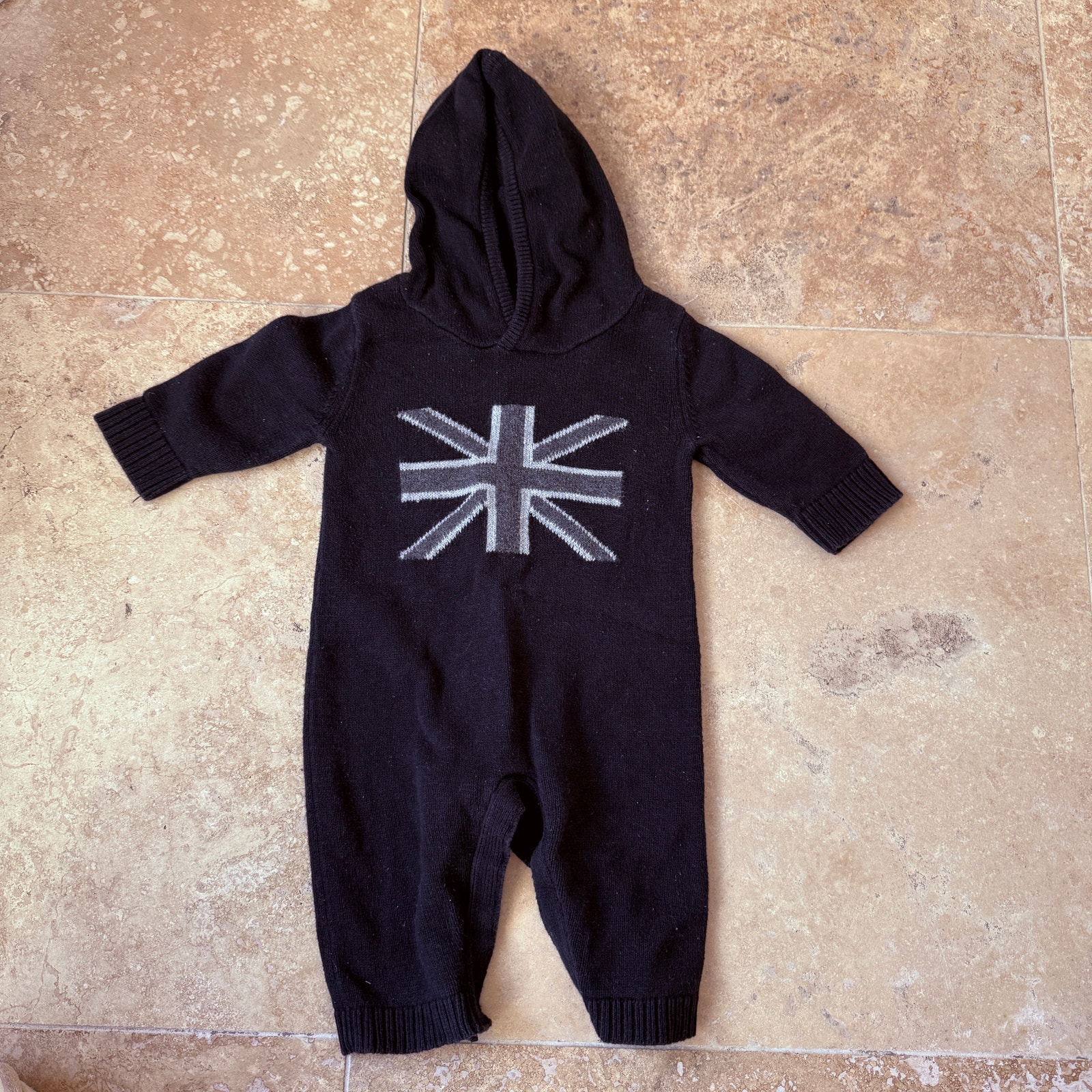 Union Jack Baby Knit Romper 3–6M Black Hooded Sweater Jumpsuit Cozycore British