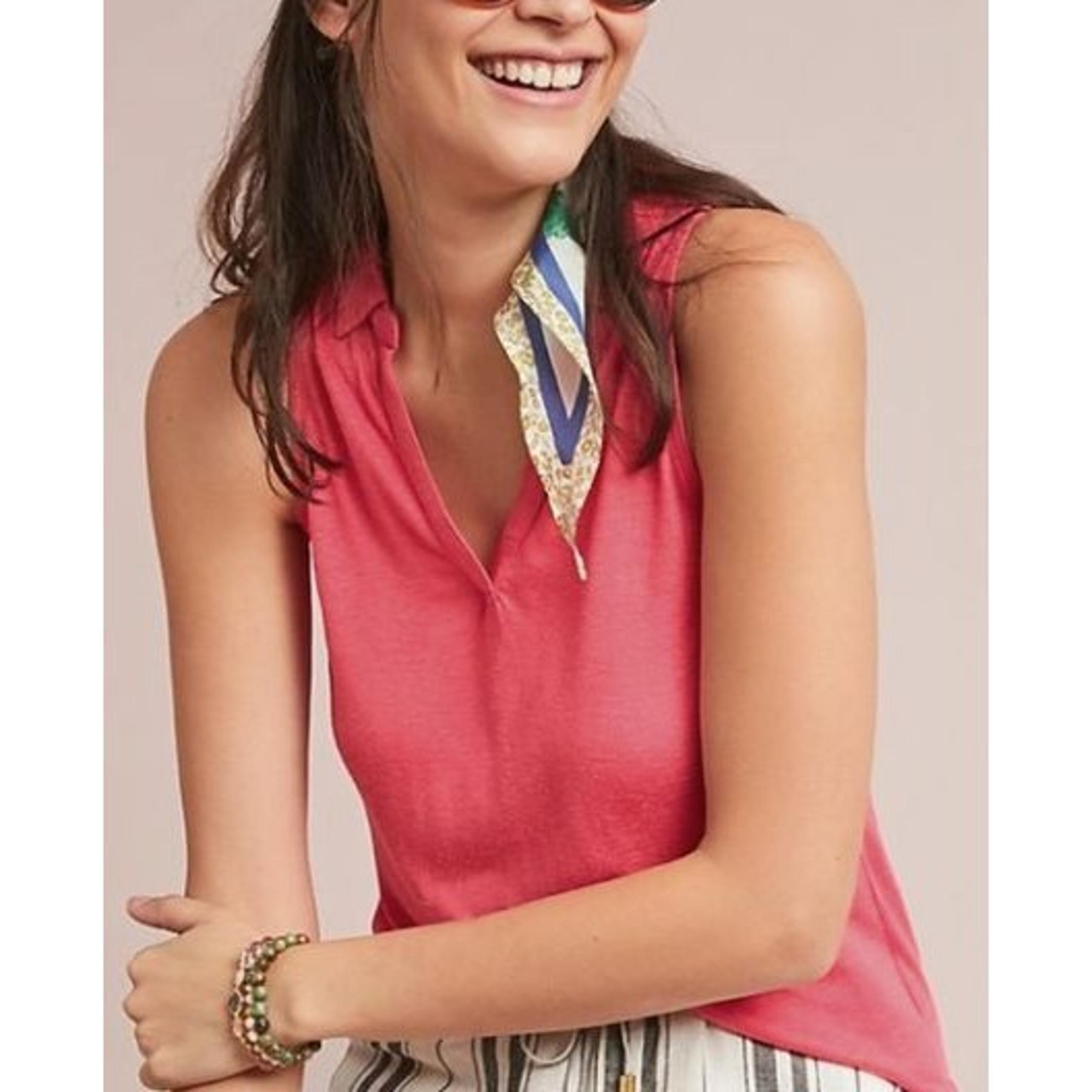 Anthropologie Maeve Tank Top Shirt Womens L Pink Red Carolina Collared V-Neck