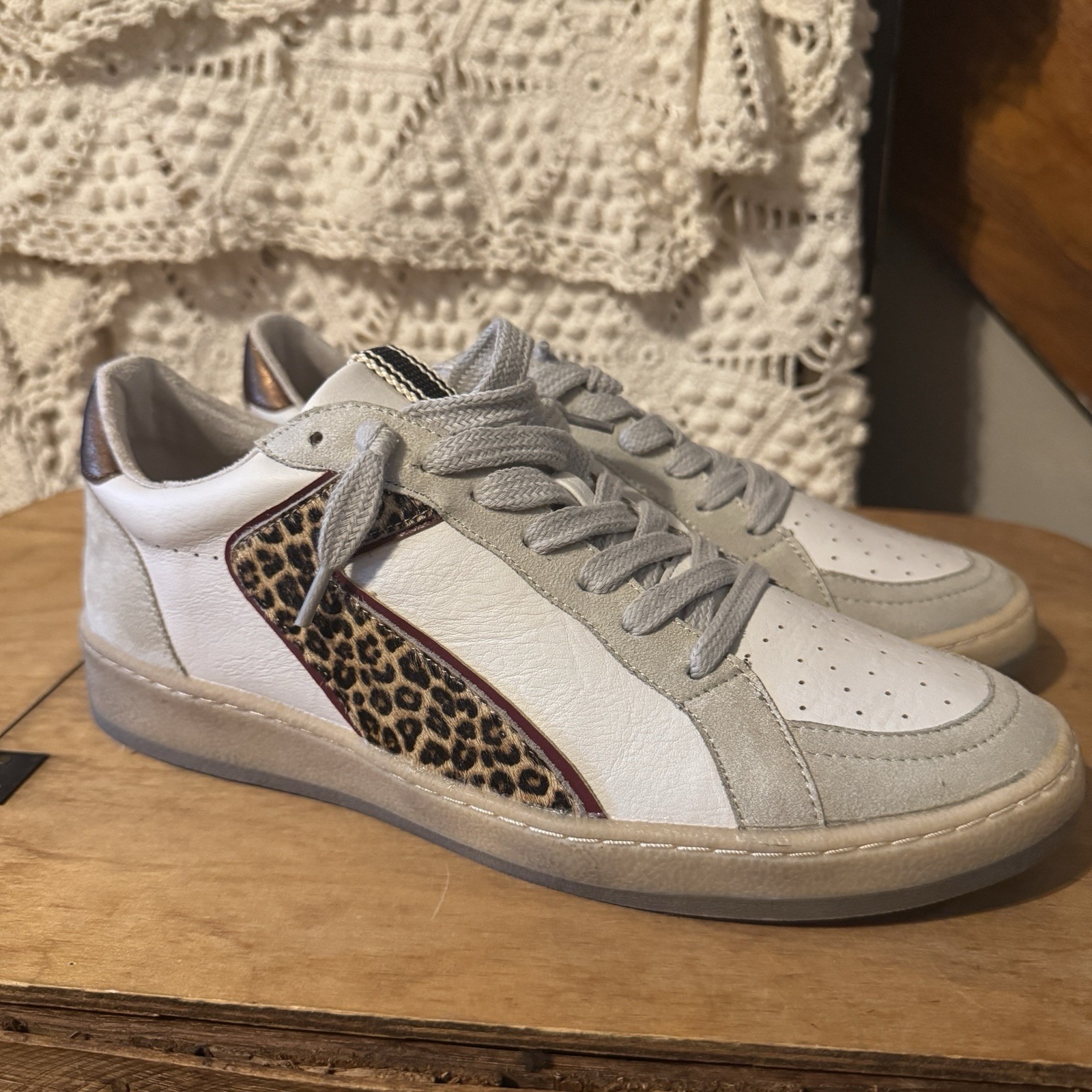 New Shu Shop Womens Salma Vintage Fashion Sneakers, Gold, Maroon & Leopard