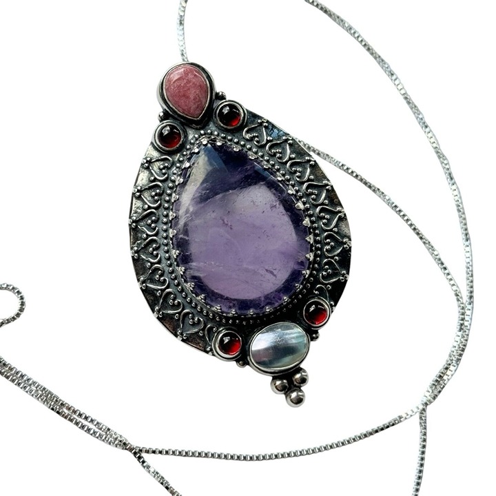 Carolyn Pollack Sterling Silver Amethyst Garnet Rhodonite Pendant Necklace Heart