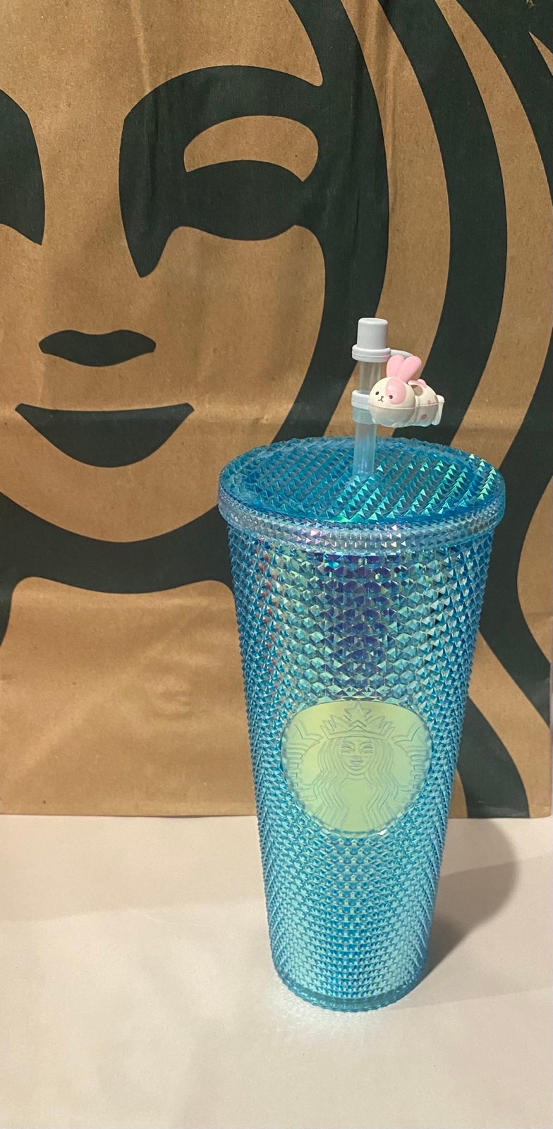 China Blue Bunny Bling Studded w/rabbit topper Tumbler/Cup