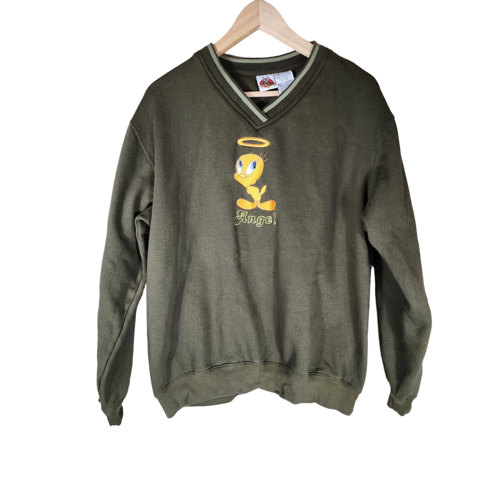 LOONEY TUNES Green Tweety Bird V-Neck Y2K 2001 Sweatshirt SZ XL
