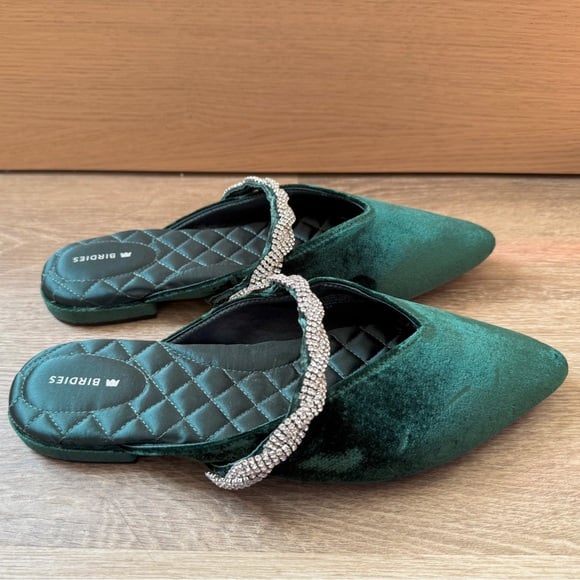 Birdies The Swan - Emerald Crystal Bracelet sparkly green velvet mules slippers