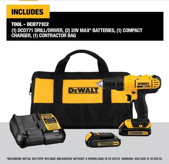 DEWALT 20V Max Cordless Drill/Driver Kit, Includes 2 Batteries and Charger (DCD771C2)
