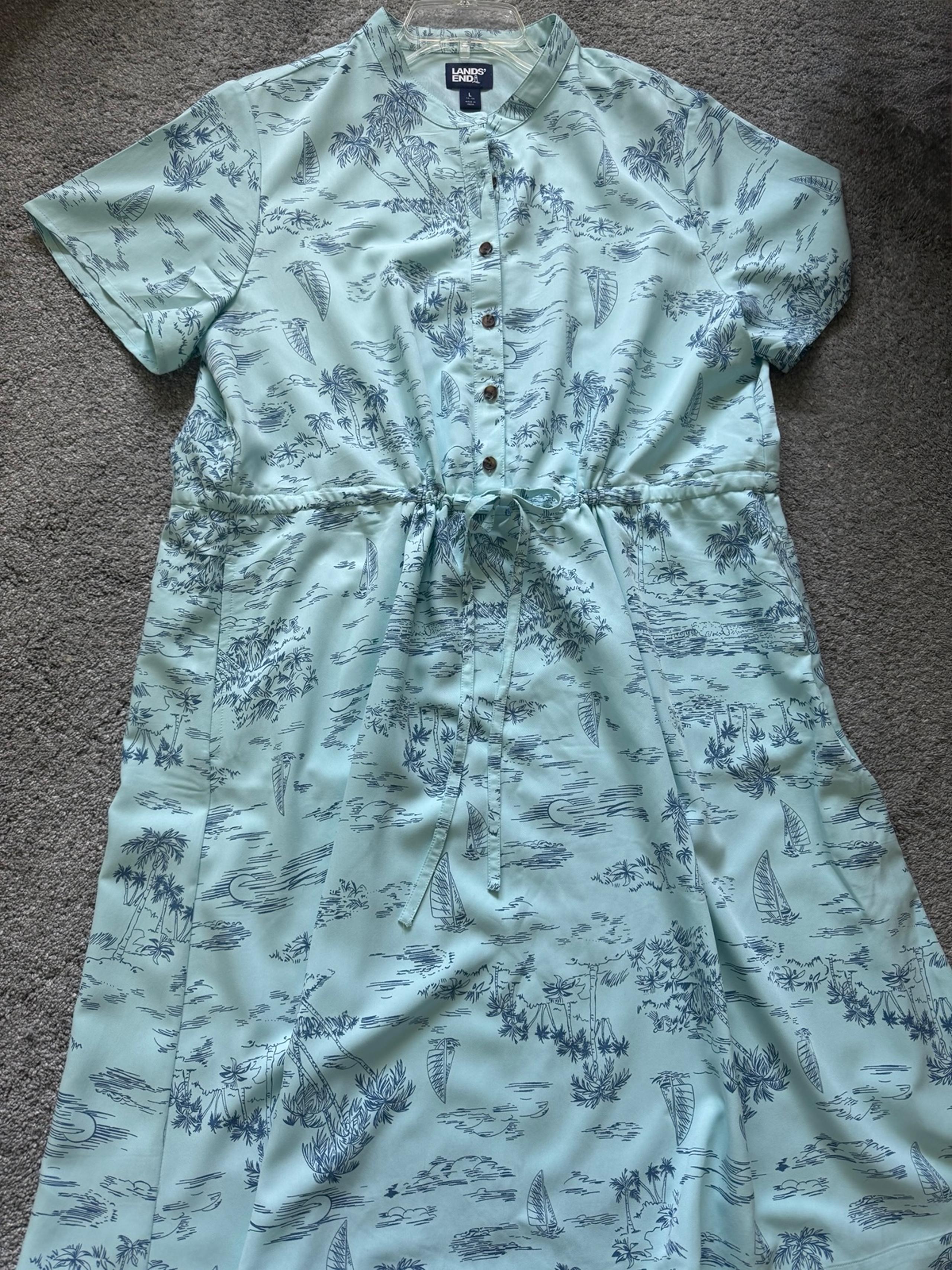 Lands End Tropical Button Front Adjustable Tie Dress Size Large Beach Casual