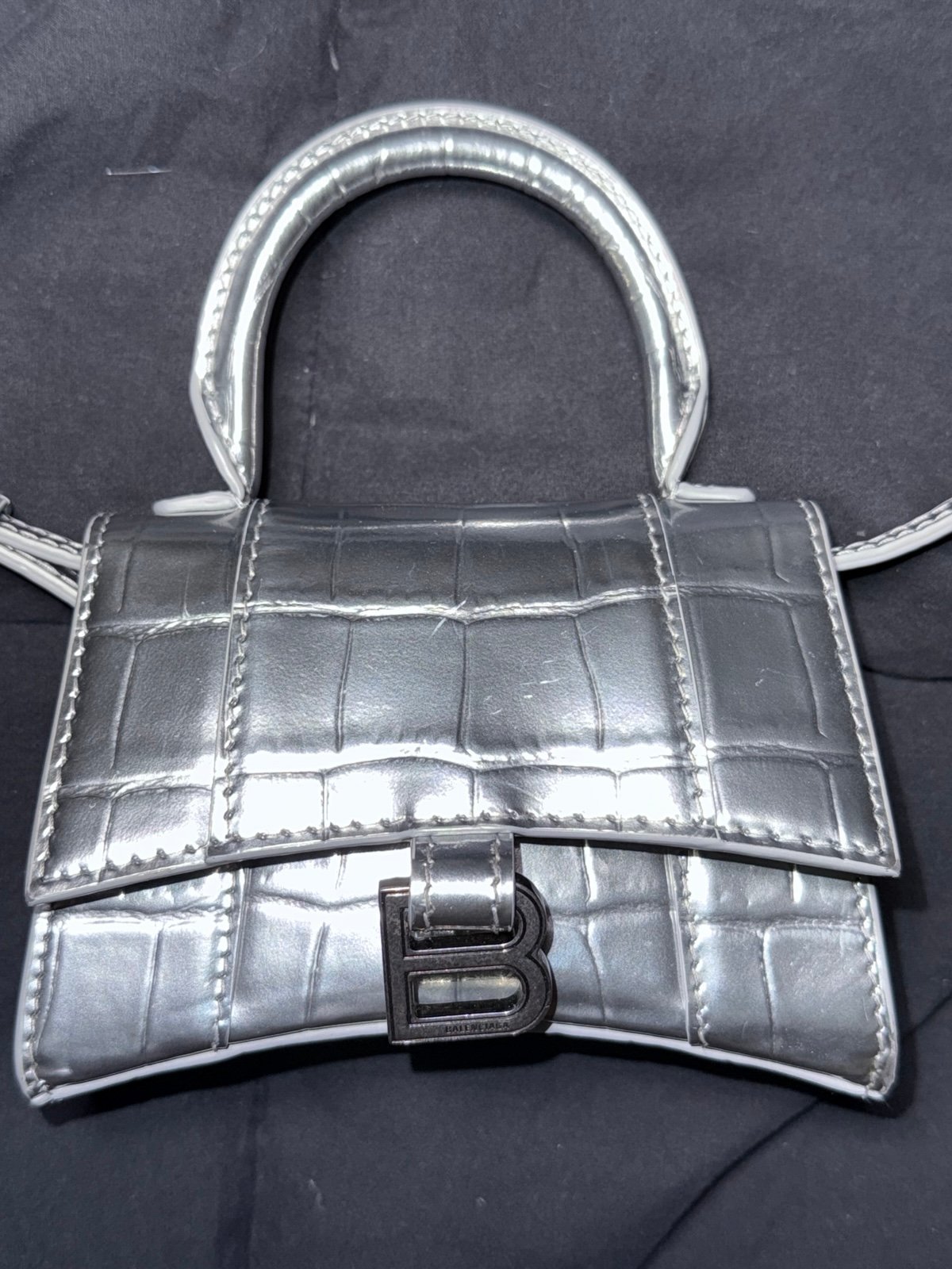 Balenciaga Hourglass Metallized Silver Crocodile Mini Handbag