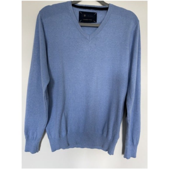 IZac Men Cashmere Cotton V-Neck Sweater - Light Blue (Large)