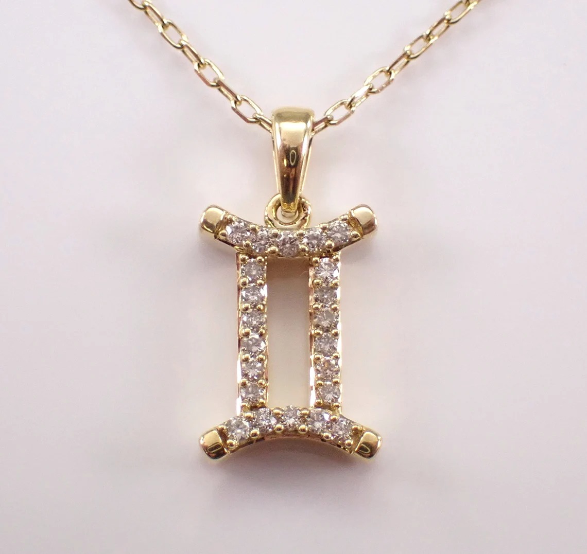 Yellow Gold Diamond Gemini Sign Necklace Zodiac Astrology Station Charm Pendant