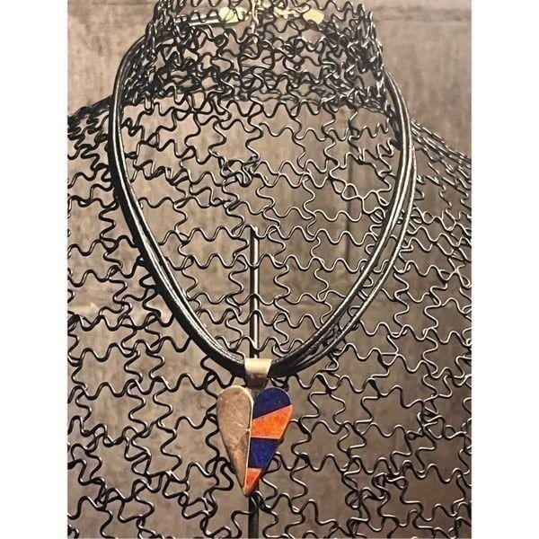 Jay King DTR Lapis Coral Inlay Heart Black Leather 925 Sterling Necklace