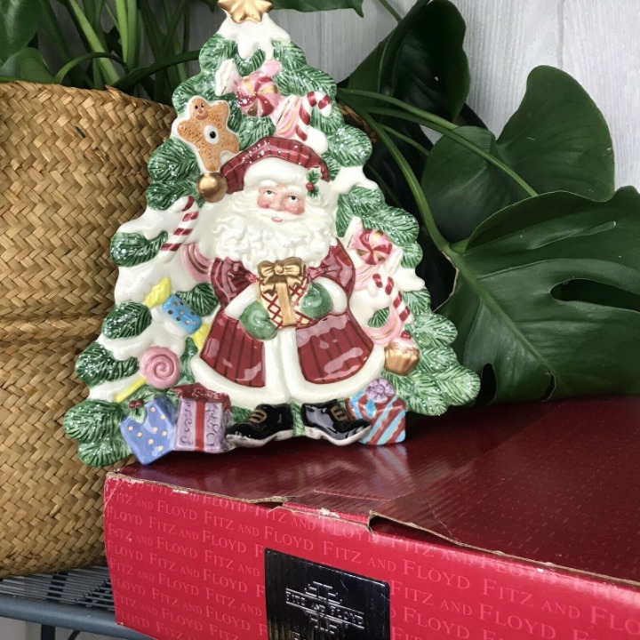 Fitz & Floyd Candy Lane Christmas Tree Shape Santa Serving Dish Wall Hang Decor