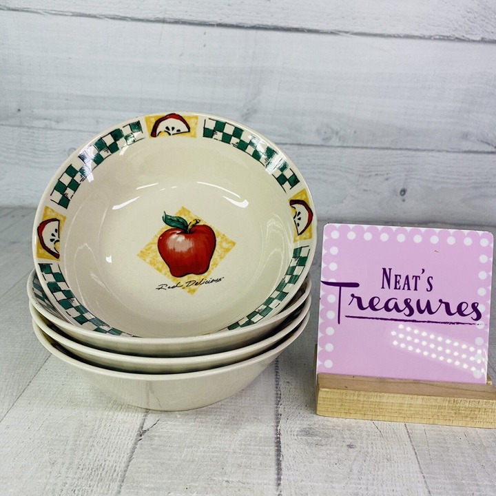 Gibson DELICIOUS Red Apple Green Checker Board Ceramic Soup Cereal Bowls Set 4