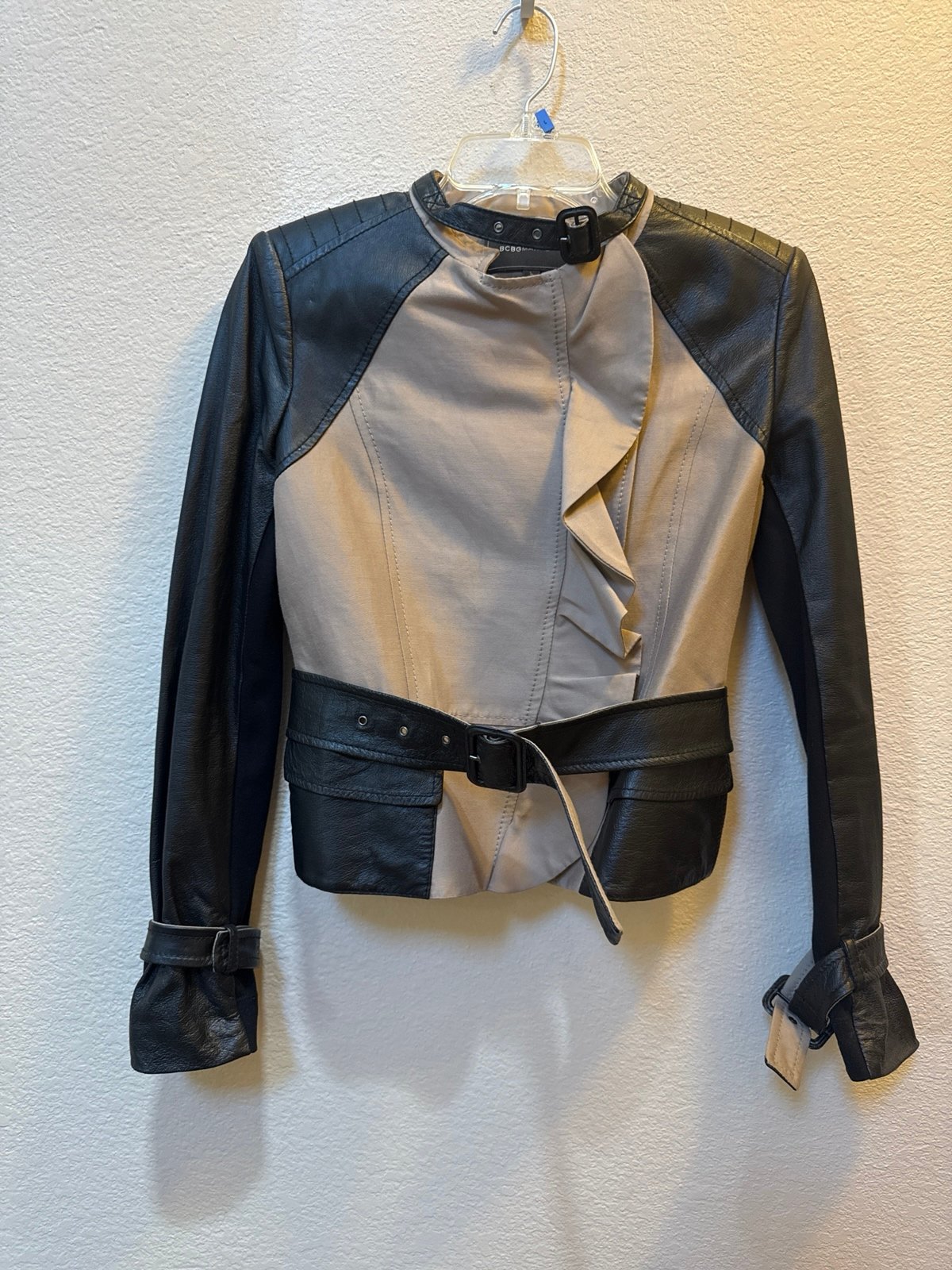 BCBG Max Azaria Tucker Leather & Silk Jacket Women’s Size XS black, and came l brown