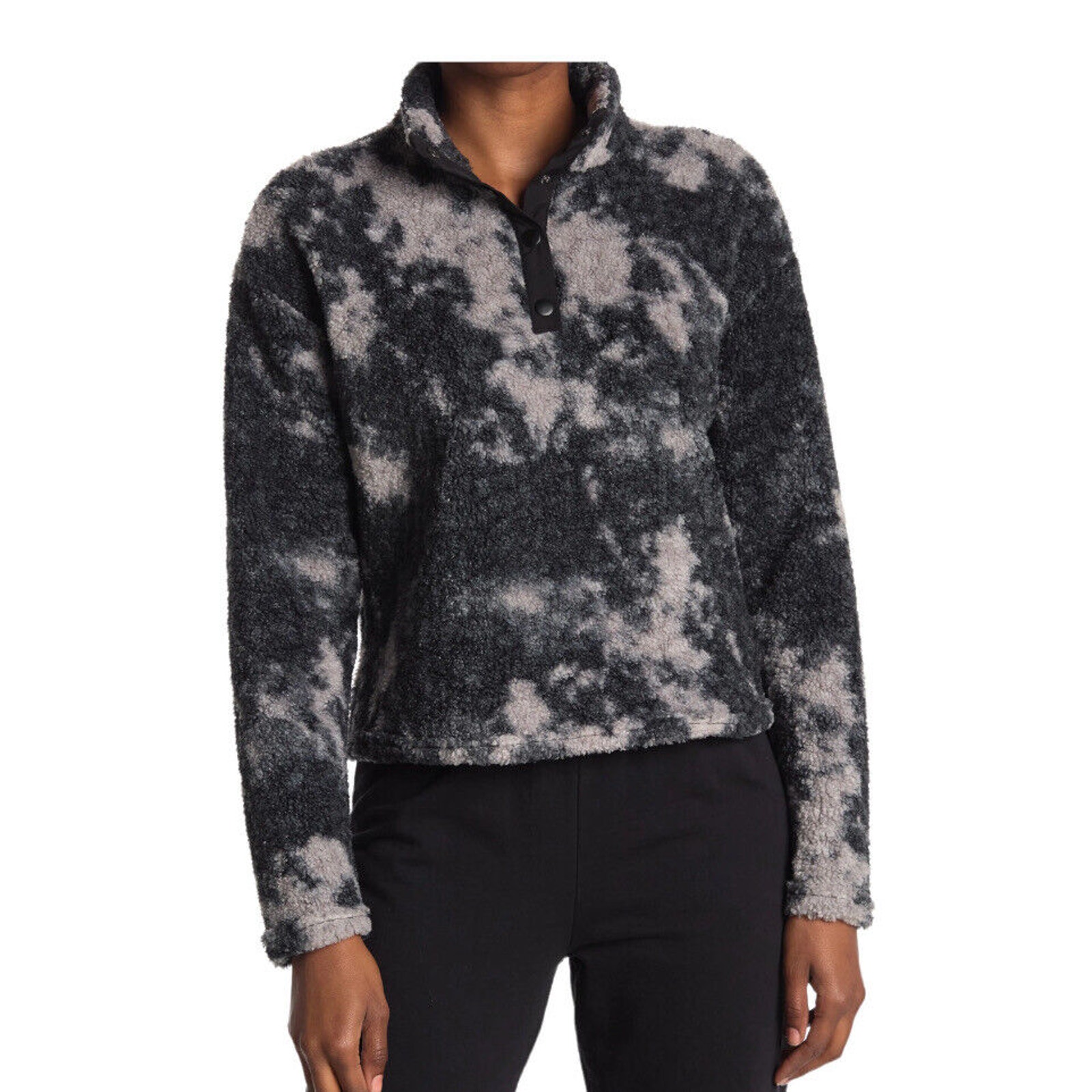 Marika Tyra Faux Teddy Fur Pullover Sweatshirt Black Tie Dye size L NWT