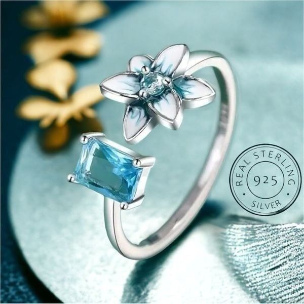 Sterling Silver 925 Teal and Blue Open Lotus Adjustable Ring
