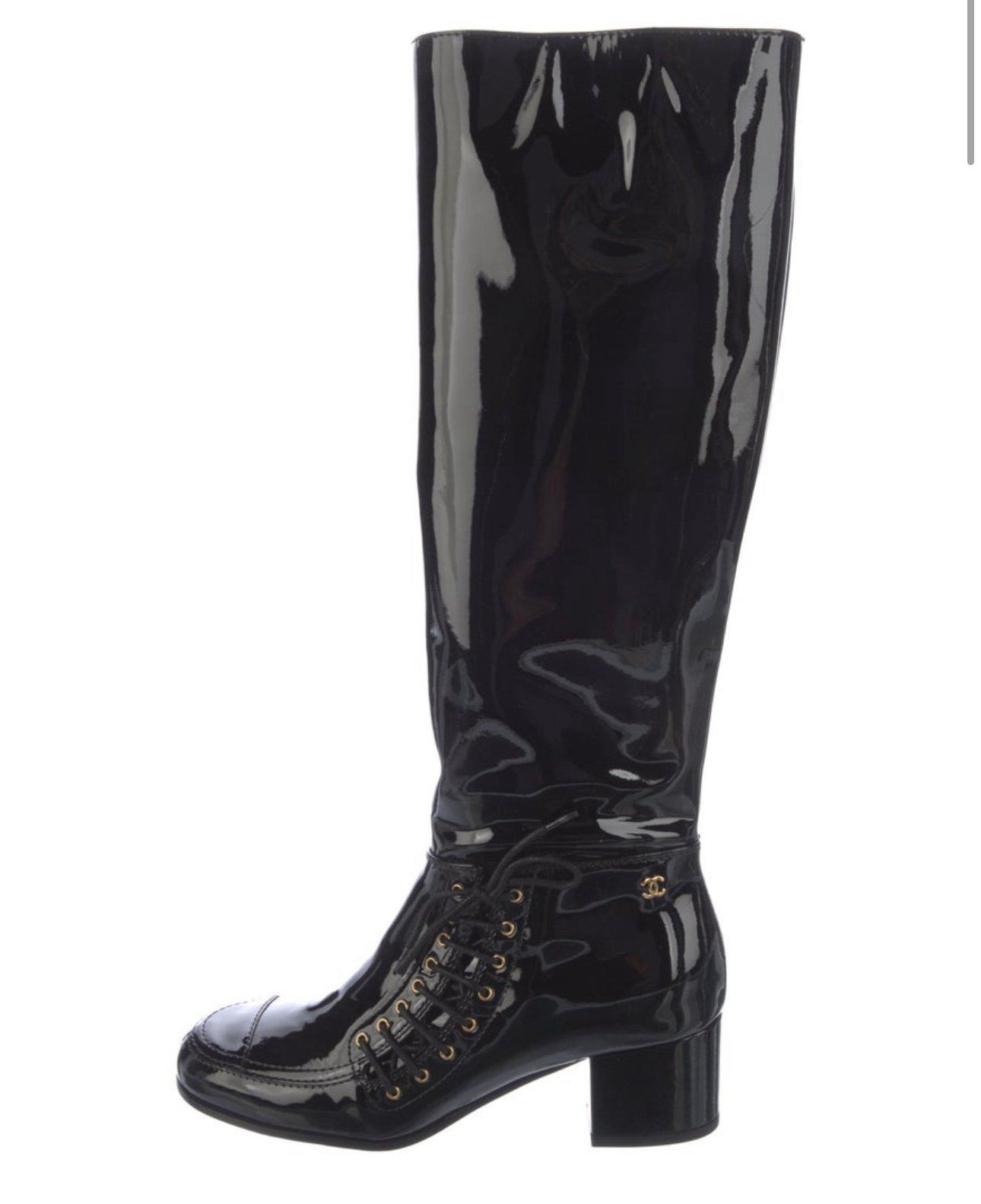 Chanel black patent leather cc logo knee boots