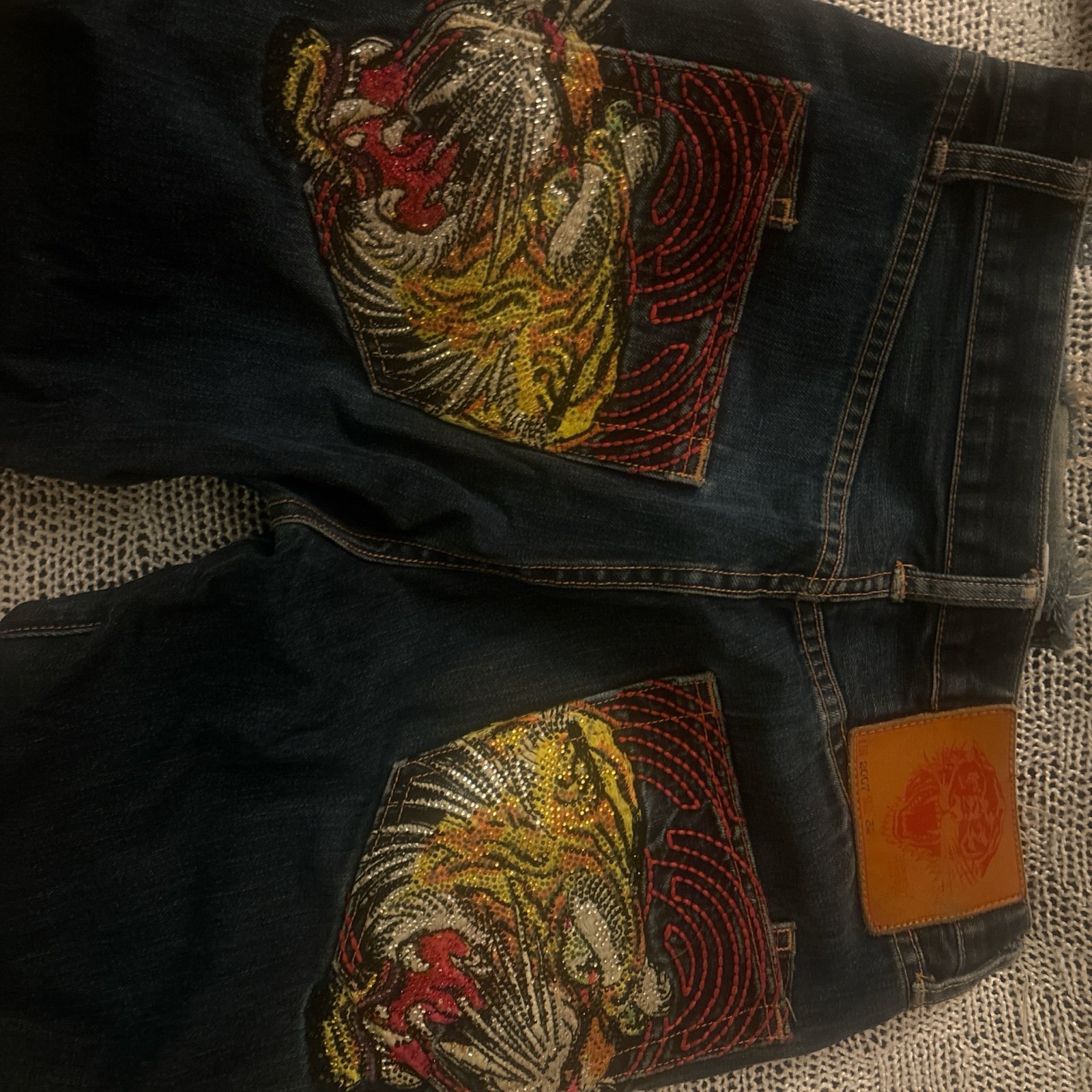 Vintage Ed Hardy Jeans with Rhinestone Tigers on back. 32x32