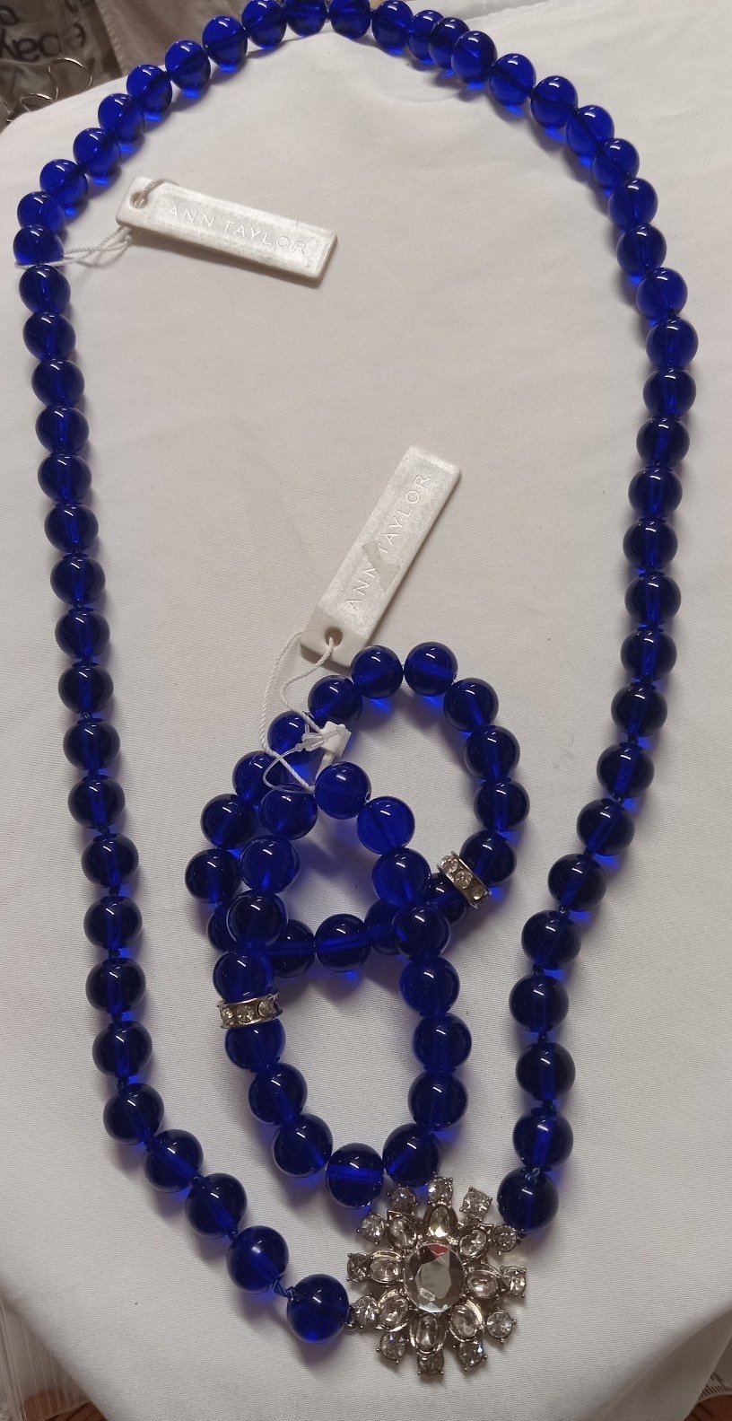 Ann Taylor Cobalt Blue Glass & Rhinestones Beads Necklace & Bracelets Set NWT