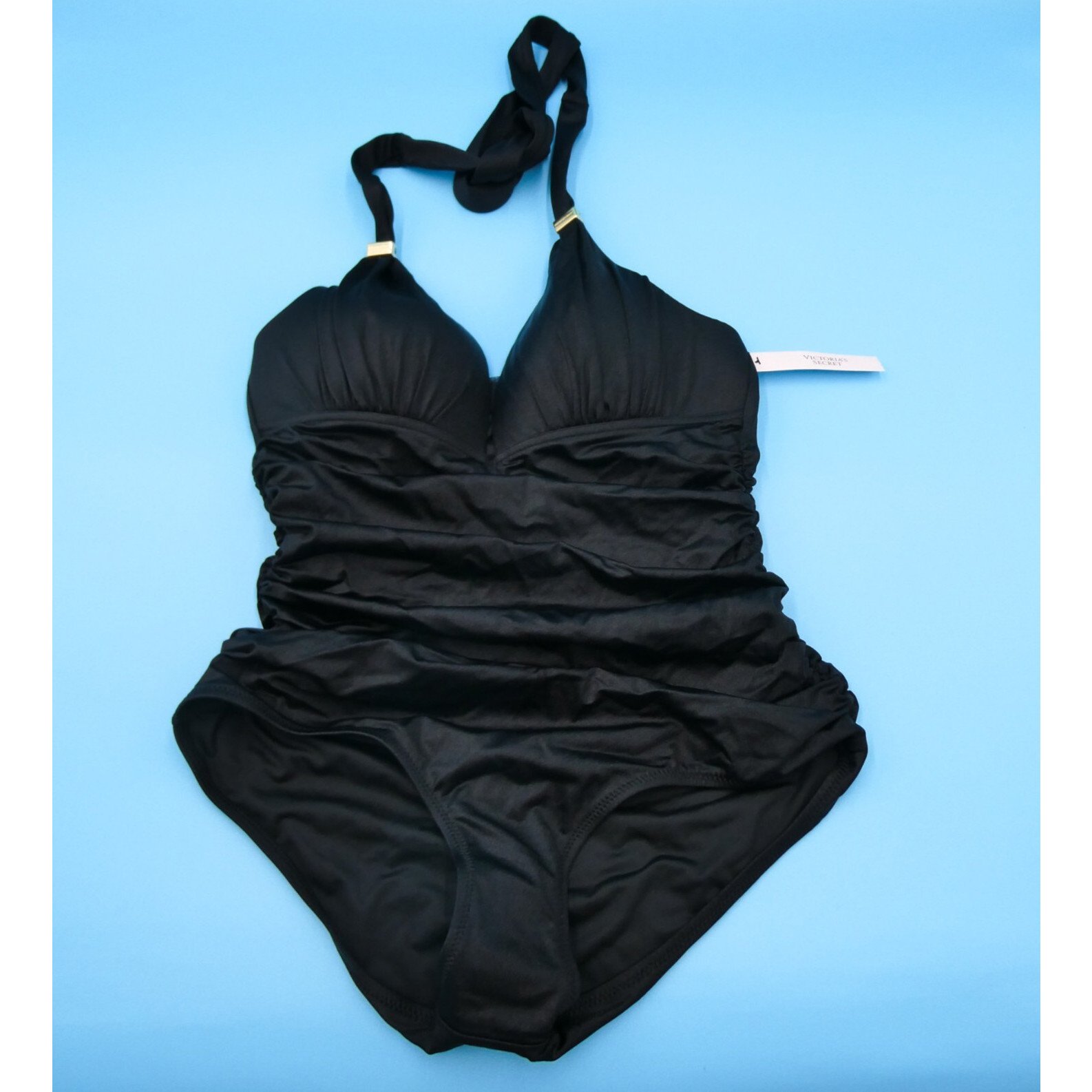 Victorias Secret Large Black Ruffle Halter Padded One Piece Swimsuit Women New