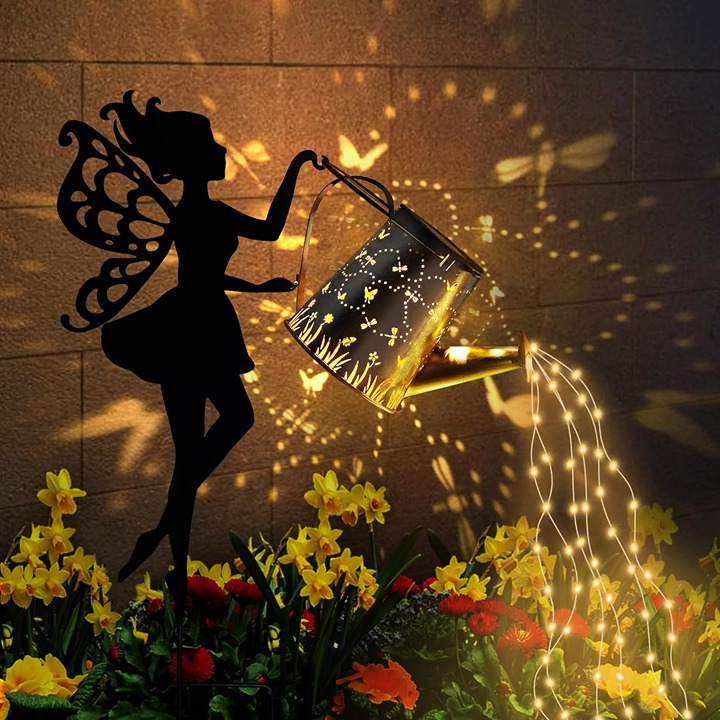 Fairy Garden Decor with Solar Watering Can, Metal Fairy Garden Statue