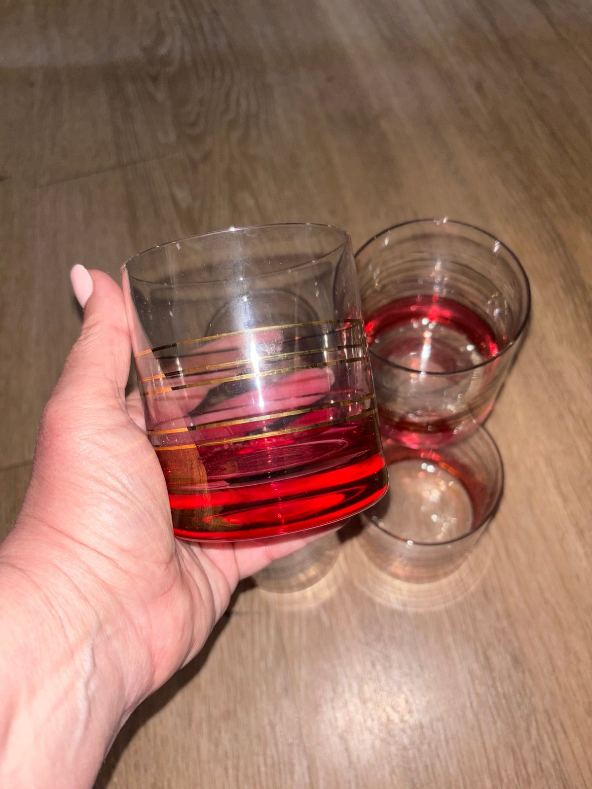 Vintage Blendo Red Cranberry -Rocks Glass-MCM- gold bands set of 6